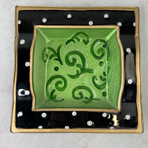 Vintage Art Glass Painted Black & Green‎ Polka Dot Decorative Bowl - Picture 1 of 9